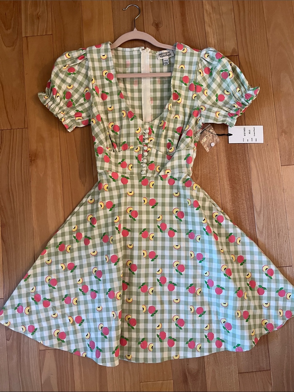 Women’s Green Gingham Puff-Sleeve Peach Print